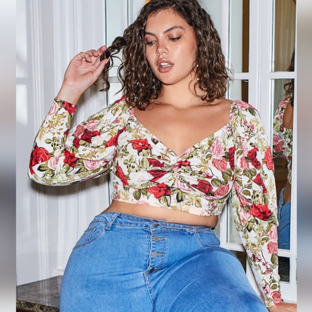 SHEIN floral puff sleeve crop top